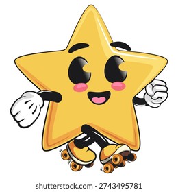 cute star mascot character playing roller skating, isolated vector illustration, work of hand drawn