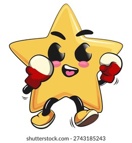 cute star mascot character practicing boxing wearing boxing glove, isolated vector illustration, work of hand drawn