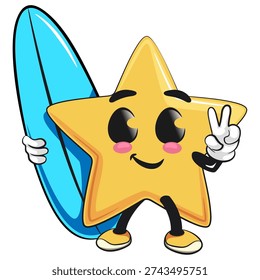 cute star mascot character with surfboard and gave a peace sign, isolated vector illustration, work of hand drawn