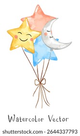 Cute star and moon balloon. Watercolor illustration suitable for baby print, cute wallpaper or textile, decoration, banner design.