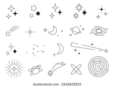 Cute star, moon and space icon set