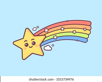 Cute star with rainbow tail, kids children kawaii style vector illustration