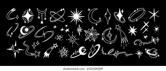 Cute star silhouette for decorating invitations and cards, festive handdrawn sparkle. Set hand drawn sparkles and stars elements. White little aesthetic star and sparkle, isolated on black background.