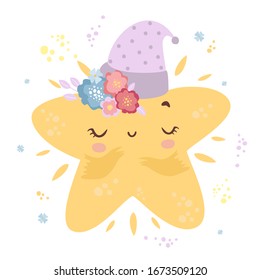 cute star in the sky, kids print, poster, postcard, good night, space night, cartoon style