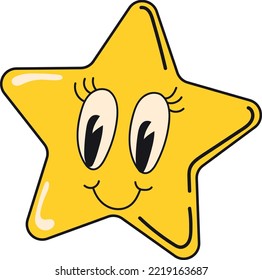 Cute star with smiling face. Funny emotion sticker isolated on white background