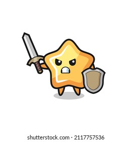 tierno soldado estrella luchando con espada y escudo, diseño de estilo lindo para camiseta, pegatina, elemento logo