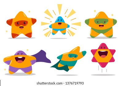 Cute star in superhero costume vector cartoon characters set isolated on a white background.