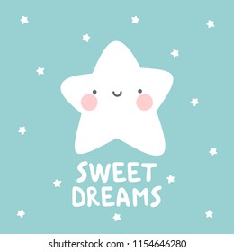 cute star with sweet dream with . White handmade phrase on the dark blue background. vector handdrawn lettering banner design.