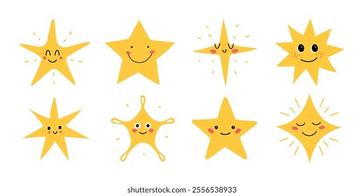 Cute star vector illustration set. Star with different emotions. Children's flat illustration. Stars clip art graphics Hand-drawn Digital Illustrations. White isolated background. 