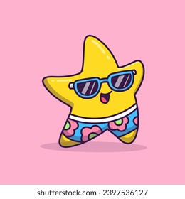 Cute Star Wearing Summer Outfit Holiday Cartoon Vector 
Icon Illustration. Science Holiday Icon Concept Isolated 
Premium Vector. Flat Cartoon Style
