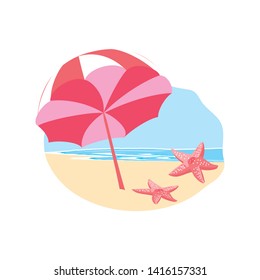 cute starfish animal in the beach with umbrella open