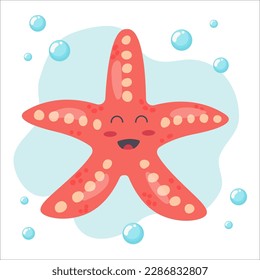 Cute starfish cartoon illustration. Funny smiling starfish on a blue background with bubbles. Sea creature. Vector flat illustration.