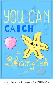 Cute starfish cartoon vector illustration. Underwater animal of tropical seashore. Snorkeling or diving poster. Undersea wildlife cartoon postcard. Sea animal star fish nursery decor. Seaside poster
