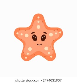 Lindo estrella de mar para los niños de fondo. Bajo el mar, el carácter animal del agua, la fauna del océano. Diseño de Vector plano.