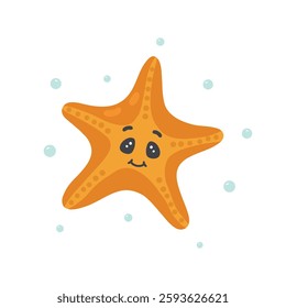 Cute starfish. Coral-colored starfish silhouette highlighted on a white background. A cartoon-style star icon. Summer vector marine illustration.