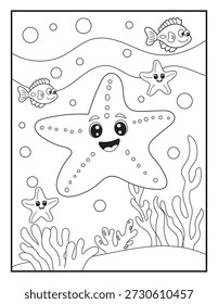 Fofo Starfish e Peixe Página de Coloração para Crianças. Cena feliz da vida marinha com recife de coral e algas marinhas. Ficha de Atividades do Mundo Subaquático Simples para Crianças