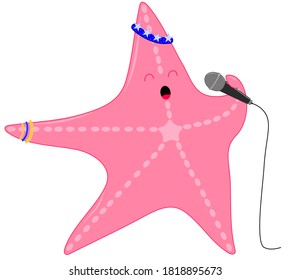 Cute starfish with microphone and decorations. Vector illustration isolated on white background.