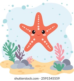Cute starfish on the background of the sea. Postcard, sticker. Children's educational material