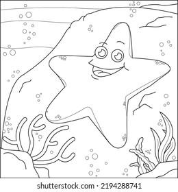 Cute starfish on the seabed suitable for children's coloring page vector illustration