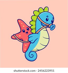 Cute Starfish Riding Seahorse Cartoon Vector Icon Illustration. Animal Nature Icon Concept Isolated Premium Vector. Flat Cartoon Style