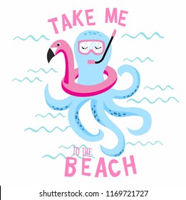 Cute starfish with scuba diving mask and flamingo in flat cartoon style