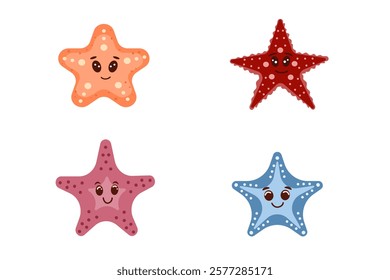 Cute starfish set for children background. Under the sea, water animal character, ocean fauna. Flat vector design.