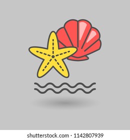 Cute starfish and shell  icon isolated on grey