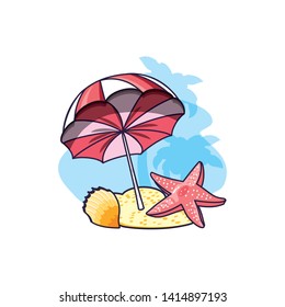 cute starfish with umbrella open and seashell