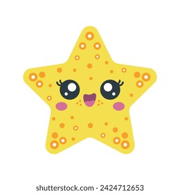 Cute starfish vector illustration. Friendly oceanic animal smiles. Funny yellow character, happy underwater star. Colorful sea clipart for children, kids. Flat cartoon pet isolated on white