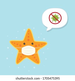 Cute Starfish wearing medical mask on sky blue background. Coronavirus (COVID-19) Vector Illustration.  Kawaii Starfish.