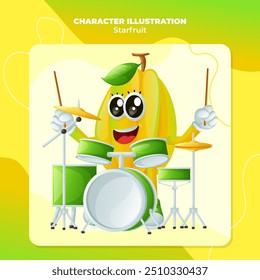 Cute starfruit character playing drum. Perfect for kids, merchandise and sticker
