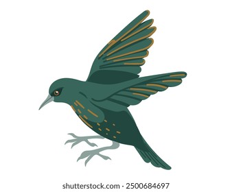 Cute starling bird in flight. Cartoon animal design, stylized bird with dark green feathers and light spots. Vector illustration isolated on white background.