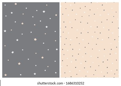 Patrones de vectores sin soldadura por estriado y punto. Estrellas blancas y estrellas beiges aisladas en un fondo gris oscuro.  Puntos blancos y grises en un diseño beige. Impresiones Geométricas Sencillas.