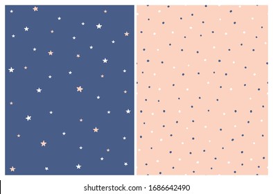 Cute Starry and Dotted Seamless Vector Patterns. White Stars and Blush Pink Stars Isolated on a Dark Blue Background. White and Navy Blue Dots on a Blush Pink Layout. Simple Geometric Prints.
