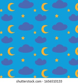 Cute stars, clouds and moon. Children's illustration. Simple bright pattern. Design for textile, wrapping paper. Scandinavian style. Children's. Postcard, clothes. The concept of night, sleep. Vector 