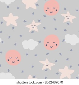 Cute stars, moon and clouds seamless pattern. Delicate background in the Scandinavian style. Vector illustration for design, postcards, baby clothes, gift paper, fabric.