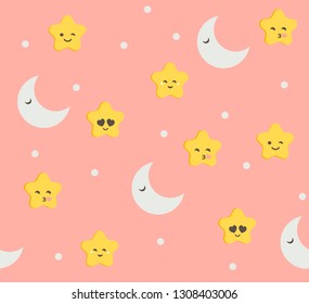 Cute stars and moon seamless pattern background vector. Kawaii style.