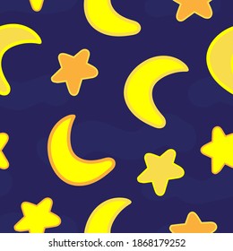 cute stars and moon, vector seamless pattern on blue background, kawaii pattern
