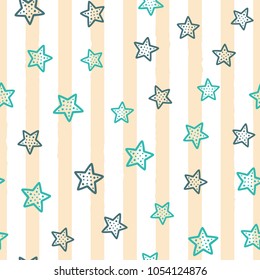 Cute stars on background with vertical stripes. Seamless pattern drawn by hand. Modern vector illustration.
