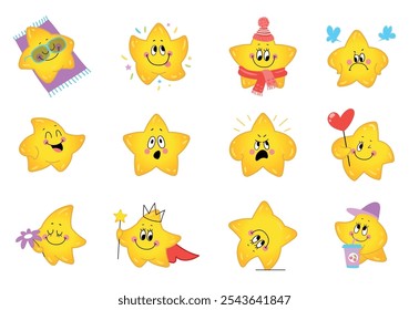 Cute stars. Positive kawaii star surprised smile drinking rest on beach. Yellow characters in various poses and expressions, emotional nowaday vector set