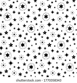 Estrellas mullidas. Doodle negro aislado en un fondo blanco. Ilustración de vectores dibujada a mano para tarjetas, textiles, tejidos, ropa, antecedentes, bienes, embalaje, diseño profesional. 