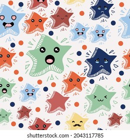 Cute Stars Seamless Pattern, Cartoon Vector Illustration, Isolated Background