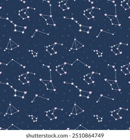 Niedliche Sterne Nahtloses Muster mit Konstellation, Galaxie. Kinderliche Textur für Stoff, Textil, Bekleidung, Tapete. Vektorgrafik