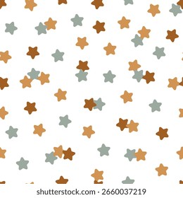 Estrellas lindas sin patrón. Fondo infantil juguetón en tonos de tierra.  Fondo de pantalla estrellado festivo, Festiva de Vector y diseño de fiesta de cumpleaños