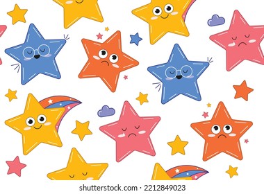 Cute stars seamless pattern. Repeating design element for printing on fabric. Imagination, dreams and fantasy. Sky, image for children. Poster or banner for website. Cartoon flat vector illustration