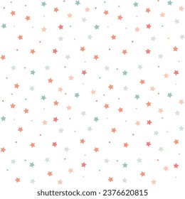 Cute stars seamless pattern, vector, baby confetti falling on white. flying stars glitter vector backdrop.