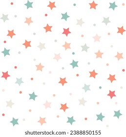 Cute stars seamless pattern, vector, baby confetti falling on white. flying stars glitter vector backdrop.
