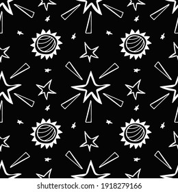 Estrellas y sol. Patrón vectorial sin cable. Colores en blanco y negro. Ilustración de estilo Doodle para papel de pared, tela, portátiles