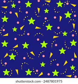 Cute Stars and Traingles Pattern Against Dark Blue Background. Can be used as Wallpaper,  Wrapping Paper,  Fabric Pattern, Packaging, Background, Decoration etc.