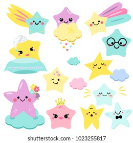 Cute stars vector illustration for kids. isolated design children, stickers. Baby shower little stars in kawaii style